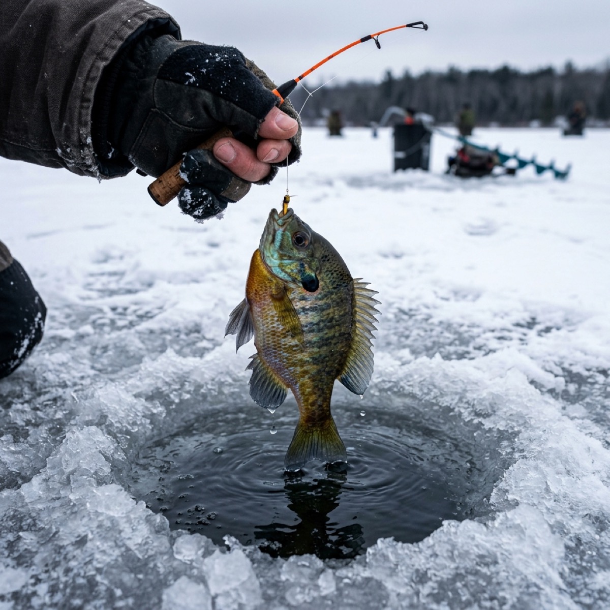 A bluegill held carefully above a clean ice hole
