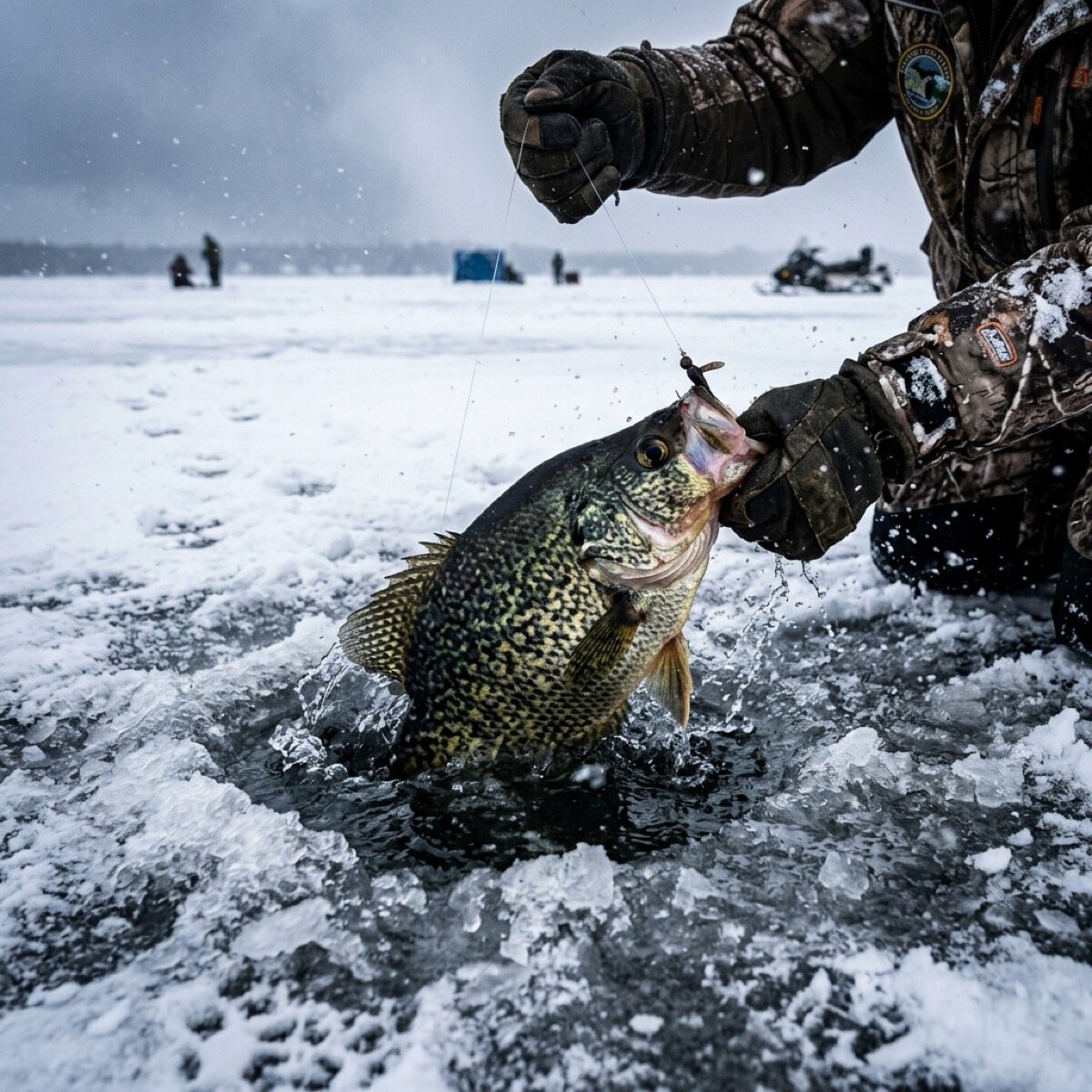 A crappie held above a winter ice fishing hole