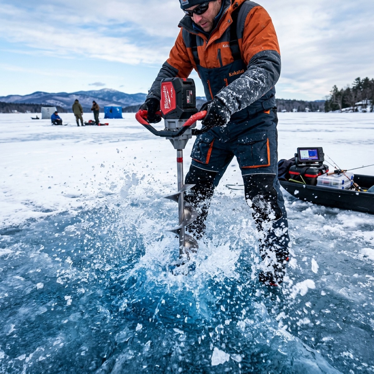 A battery-powered ice auger standing on clear lake ice