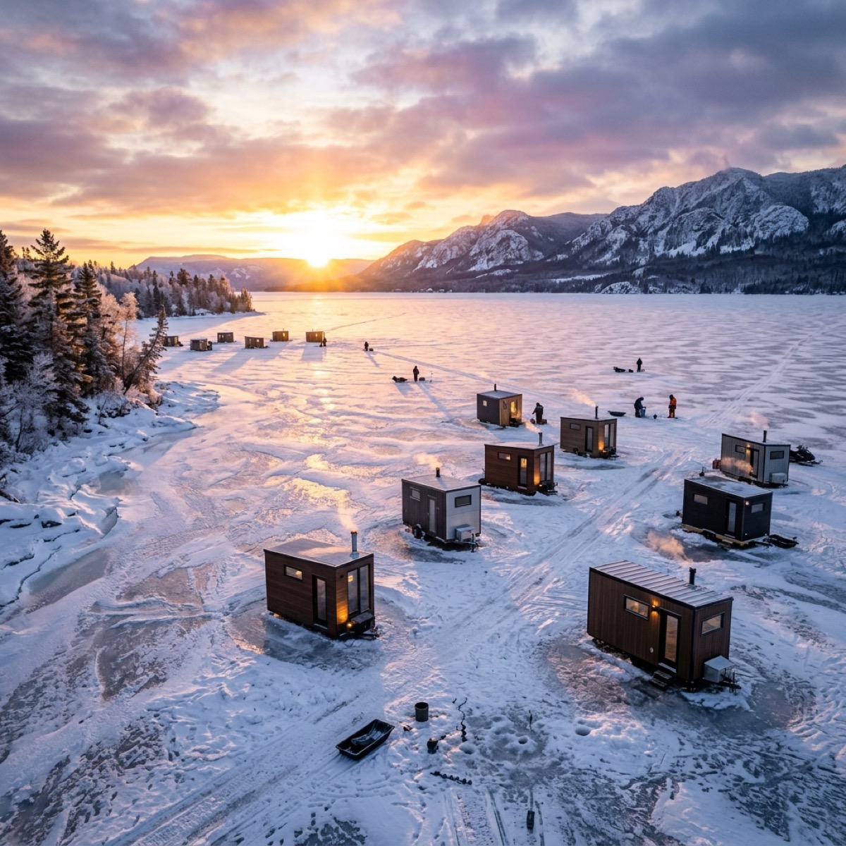 An ice angler beside a shelter at sunrise on a frozen lake