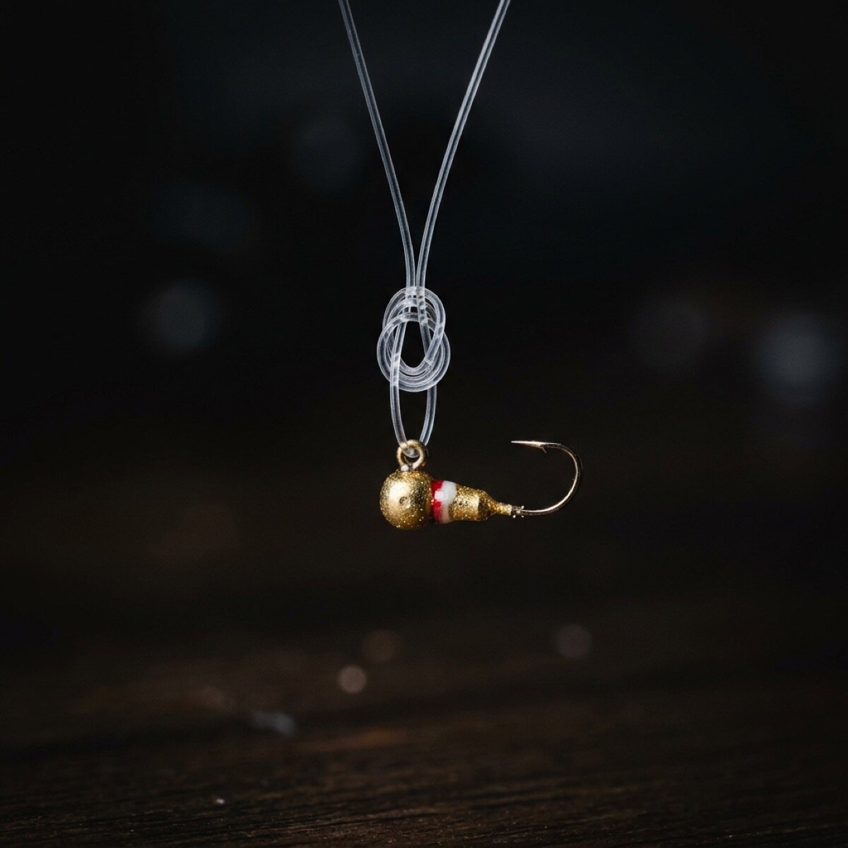 Close detail of a loop knot tied to a small ice jig