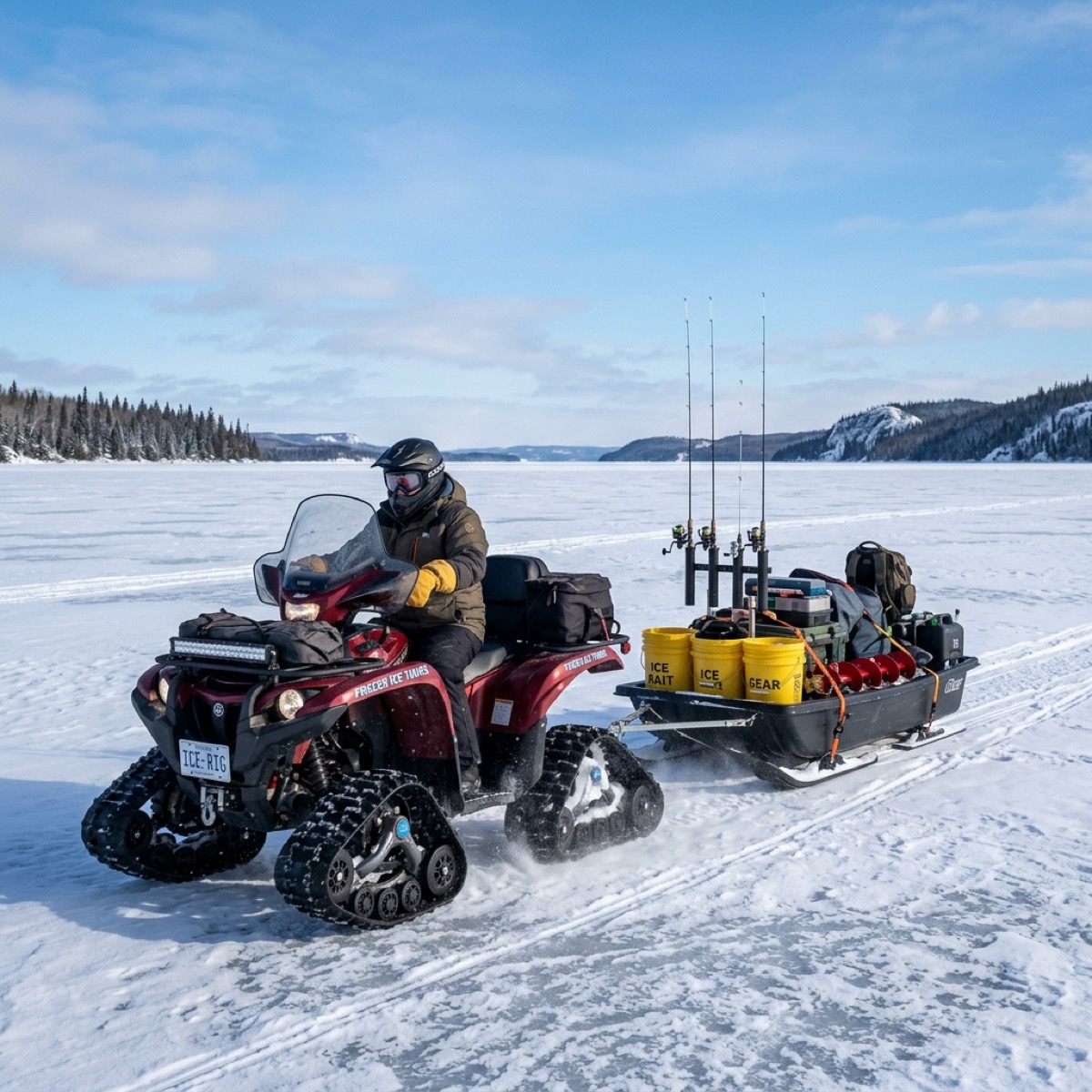 A compact ice fishing sled loaded for a mobile winter trip