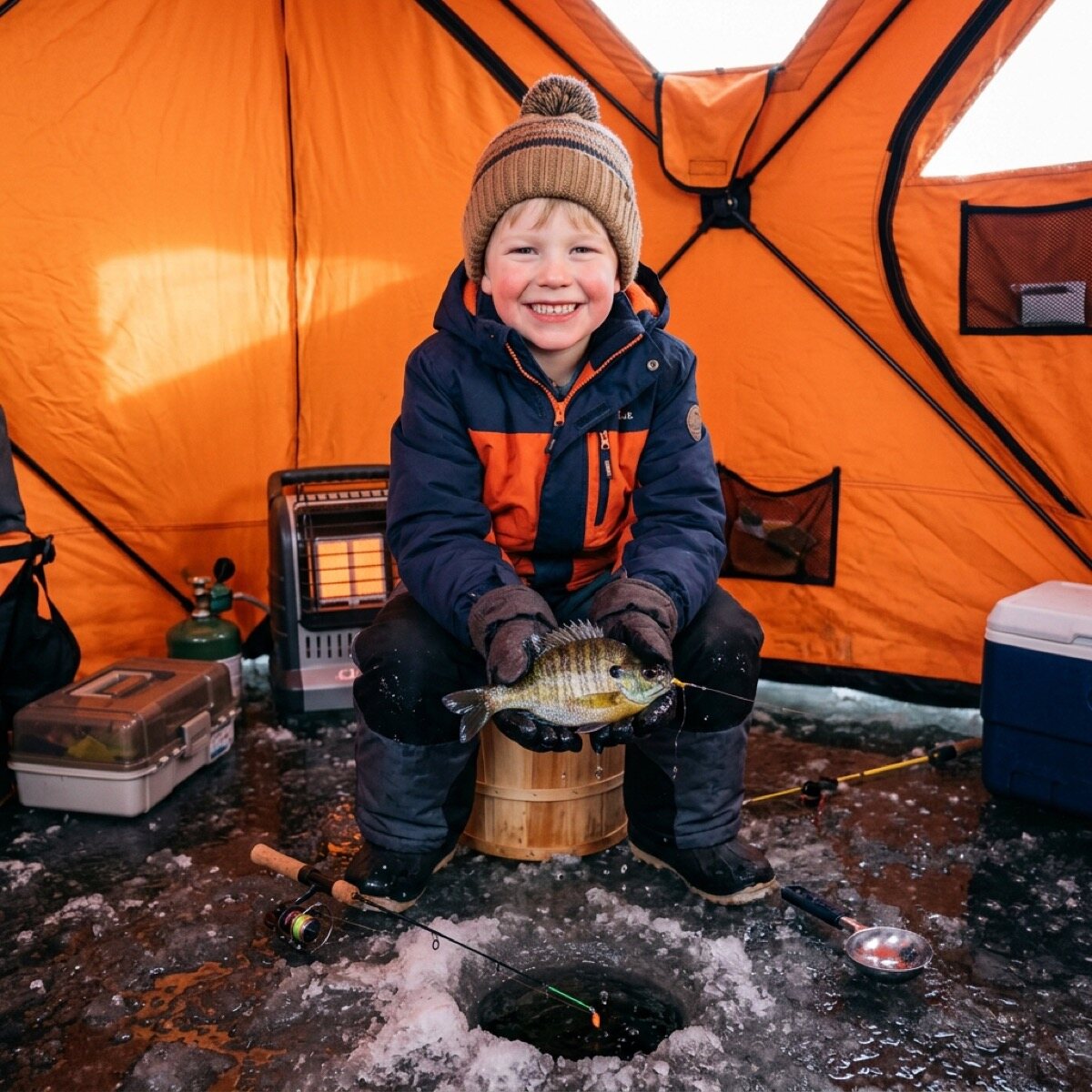 A warm family ice fishing setup on a frozen lake