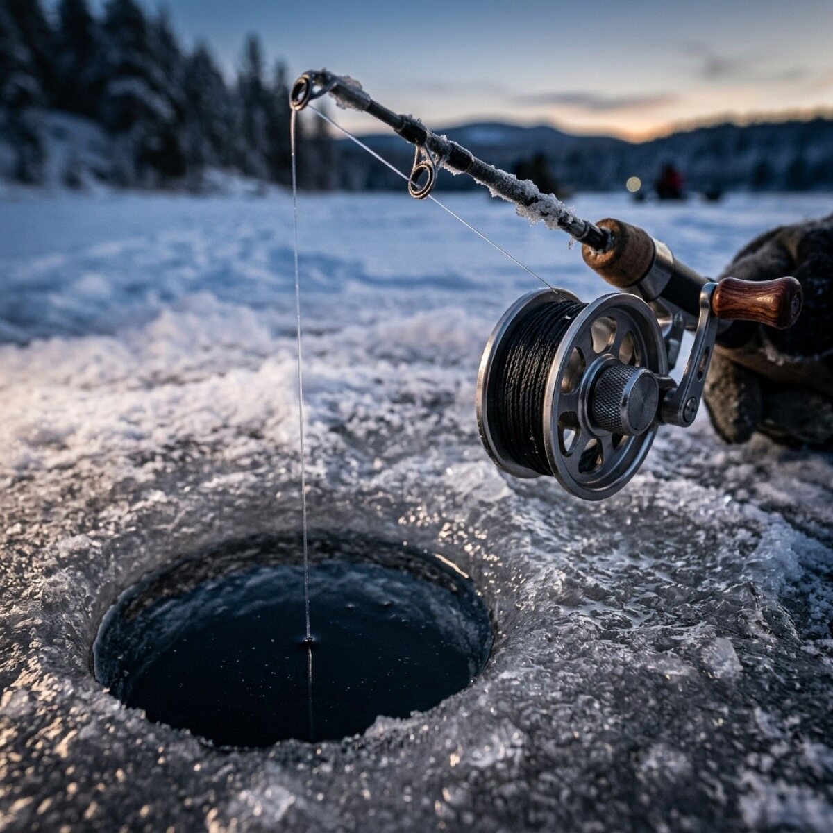 Close detail of ice fishing line and a small winter jig